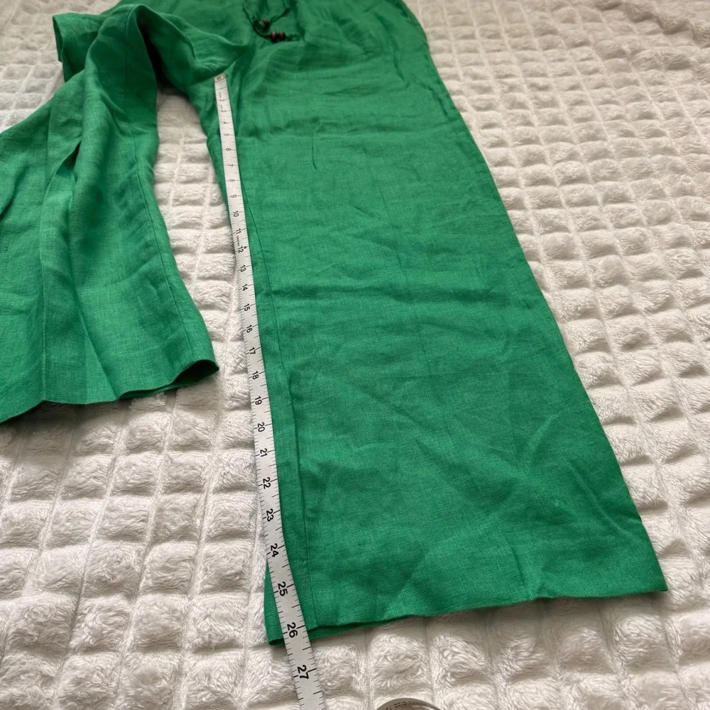 Zara Medium Kelly Green Linen Elastic Waist Pants Lagenlook Beach Casual